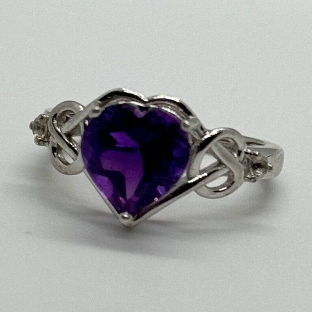 925 STERLING SILVER AMETHYST & GOSHENITE HEART RING SIZE 6